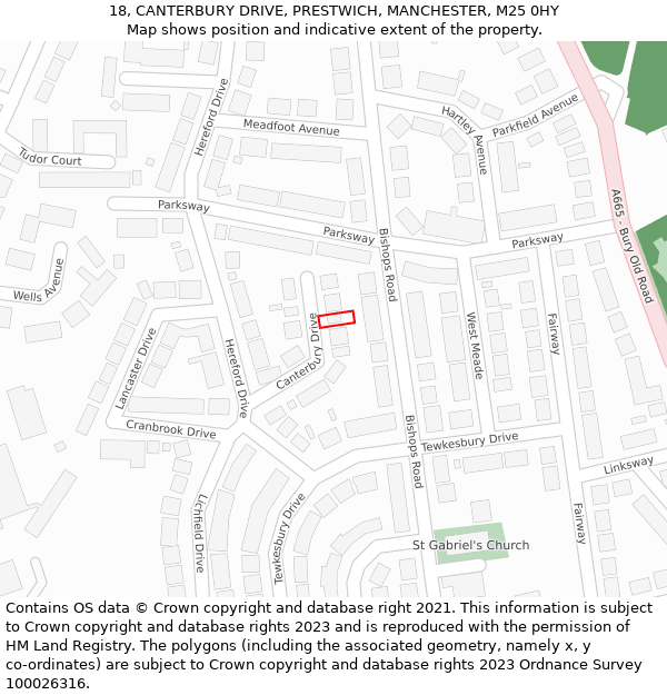 18, CANTERBURY DRIVE, PRESTWICH, MANCHESTER, M25 0HY: Location map and indicative extent of plot