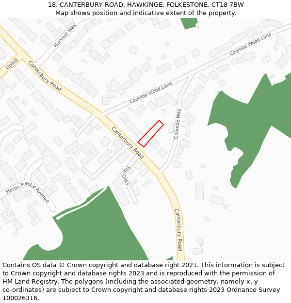 18, CANTERBURY ROAD, HAWKINGE, FOLKESTONE, CT18 7BW: Location map and indicative extent of plot