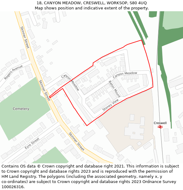 18, CANYON MEADOW, CRESWELL, WORKSOP, S80 4UQ: Location map and indicative extent of plot