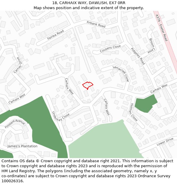 18, CARHAIX WAY, DAWLISH, EX7 0RR: Location map and indicative extent of plot