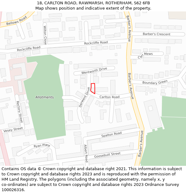 18, CARLTON ROAD, RAWMARSH, ROTHERHAM, S62 6FB: Location map and indicative extent of plot