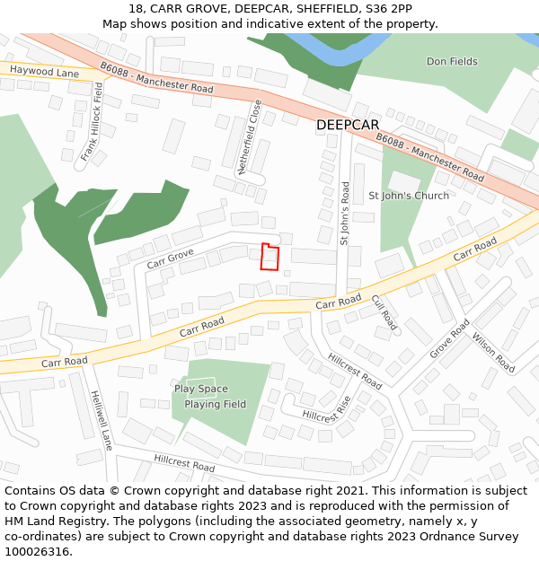 18, CARR GROVE, DEEPCAR, SHEFFIELD, S36 2PP: Location map and indicative extent of plot