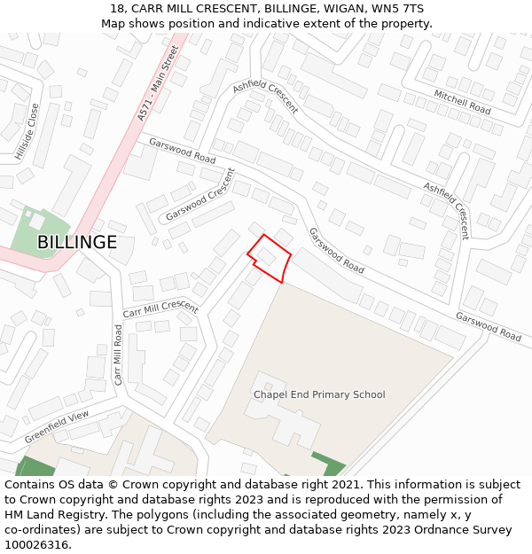 18, CARR MILL CRESCENT, BILLINGE, WIGAN, WN5 7TS: Location map and indicative extent of plot