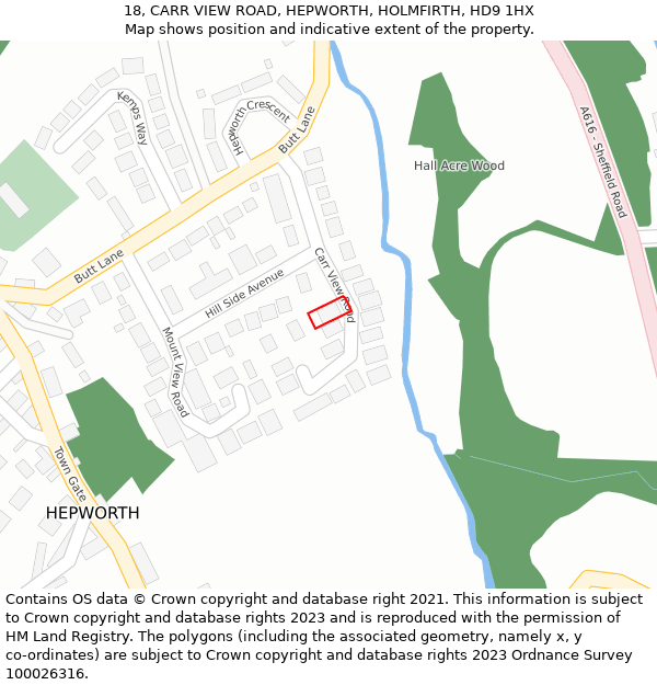 18, CARR VIEW ROAD, HEPWORTH, HOLMFIRTH, HD9 1HX: Location map and indicative extent of plot