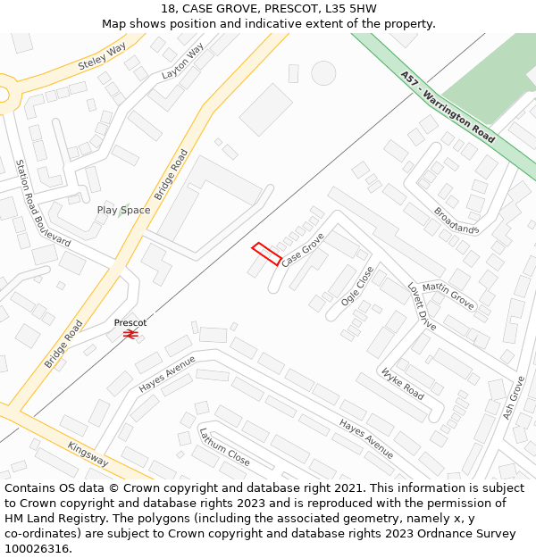 18, CASE GROVE, PRESCOT, L35 5HW: Location map and indicative extent of plot