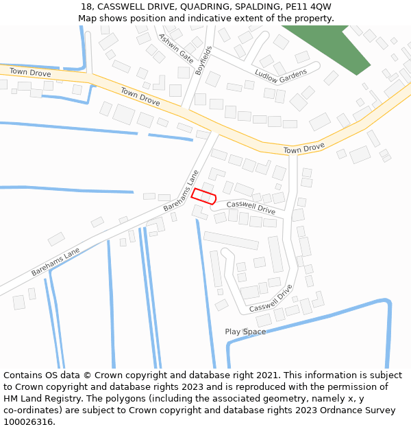 18, CASSWELL DRIVE, QUADRING, SPALDING, PE11 4QW: Location map and indicative extent of plot