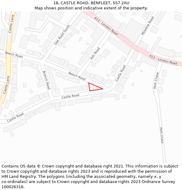 18, CASTLE ROAD, BENFLEET, SS7 2AU: Location map and indicative extent of plot
