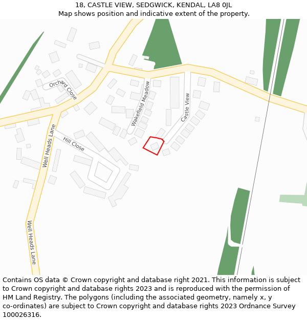 18, CASTLE VIEW, SEDGWICK, KENDAL, LA8 0JL: Location map and indicative extent of plot