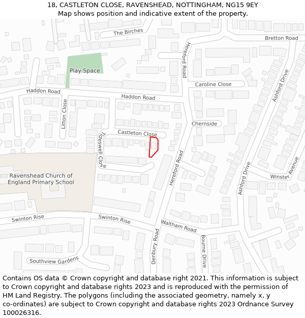 18, CASTLETON CLOSE, RAVENSHEAD, NOTTINGHAM, NG15 9EY: Location map and indicative extent of plot