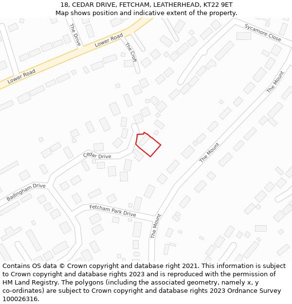 18, CEDAR DRIVE, FETCHAM, LEATHERHEAD, KT22 9ET: Location map and indicative extent of plot