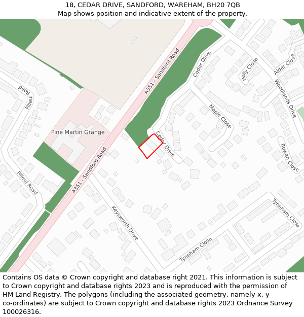 18, CEDAR DRIVE, SANDFORD, WAREHAM, BH20 7QB: Location map and indicative extent of plot