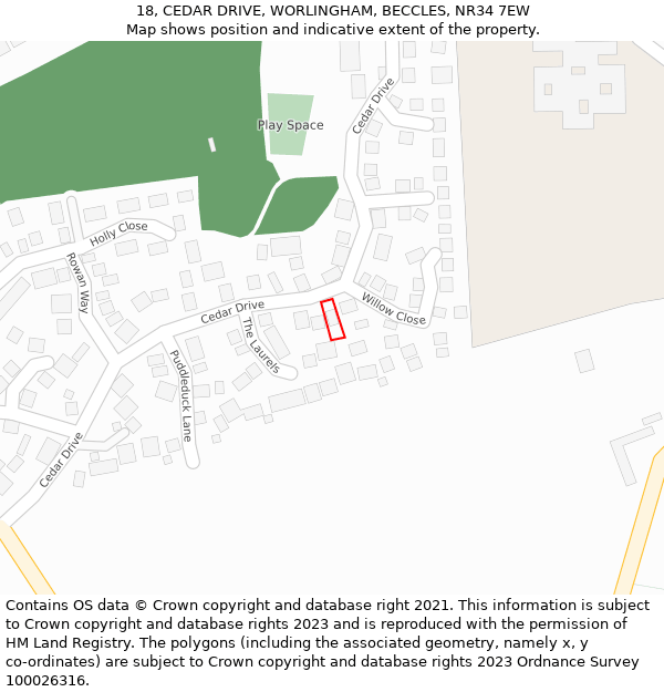 18, CEDAR DRIVE, WORLINGHAM, BECCLES, NR34 7EW: Location map and indicative extent of plot