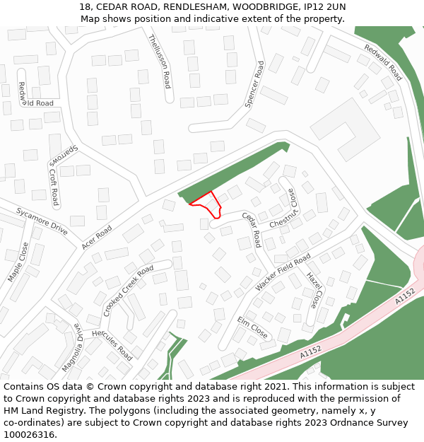 18, CEDAR ROAD, RENDLESHAM, WOODBRIDGE, IP12 2UN: Location map and indicative extent of plot