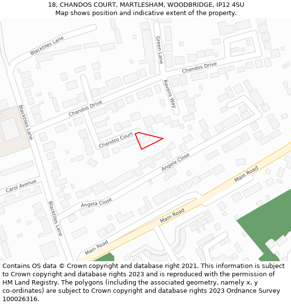 18, CHANDOS COURT, MARTLESHAM, WOODBRIDGE, IP12 4SU: Location map and indicative extent of plot