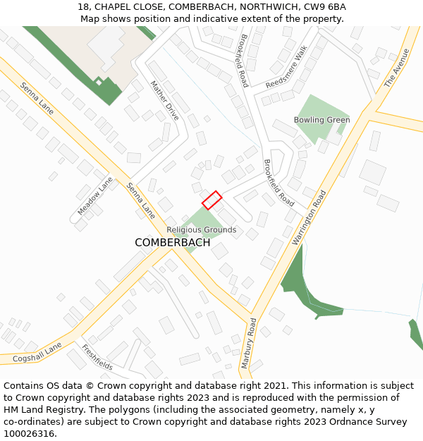 18, CHAPEL CLOSE, COMBERBACH, NORTHWICH, CW9 6BA: Location map and indicative extent of plot