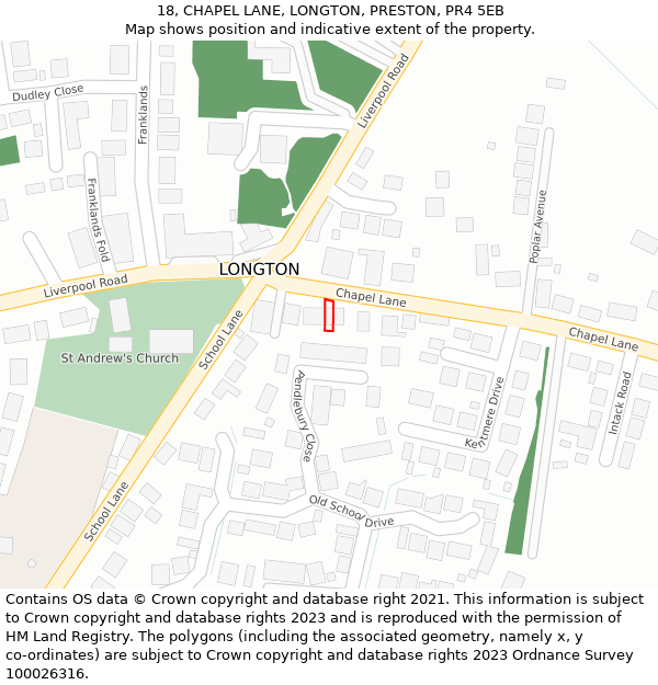 18, CHAPEL LANE, LONGTON, PRESTON, PR4 5EB: Location map and indicative extent of plot