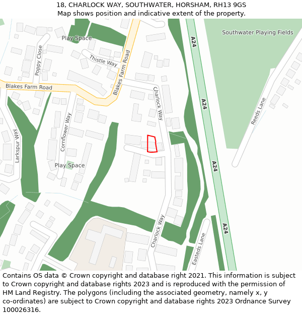 18, CHARLOCK WAY, SOUTHWATER, HORSHAM, RH13 9GS: Location map and indicative extent of plot