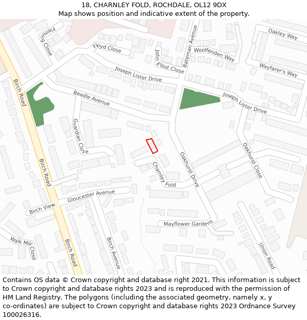 18, CHARNLEY FOLD, ROCHDALE, OL12 9DX: Location map and indicative extent of plot