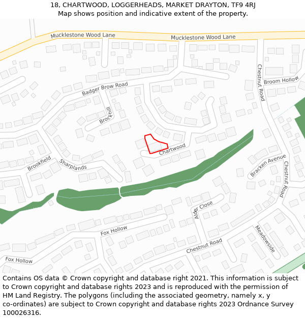 18, CHARTWOOD, LOGGERHEADS, MARKET DRAYTON, TF9 4RJ: Location map and indicative extent of plot