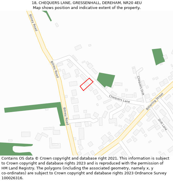 18, CHEQUERS LANE, GRESSENHALL, DEREHAM, NR20 4EU: Location map and indicative extent of plot