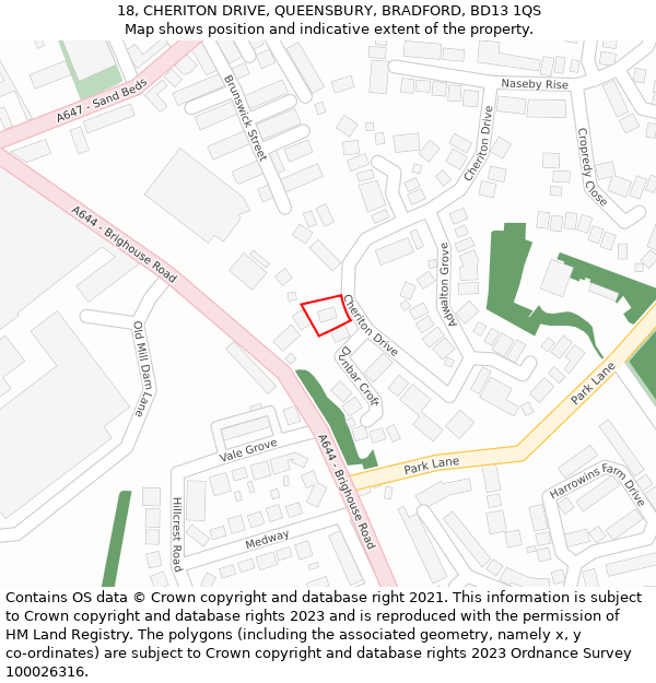 18, CHERITON DRIVE, QUEENSBURY, BRADFORD, BD13 1QS: Location map and indicative extent of plot