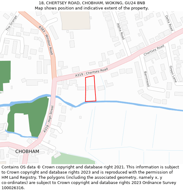 18, CHERTSEY ROAD, CHOBHAM, WOKING, GU24 8NB: Location map and indicative extent of plot