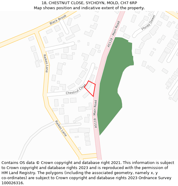 18, CHESTNUT CLOSE, SYCHDYN, MOLD, CH7 6RP: Location map and indicative extent of plot