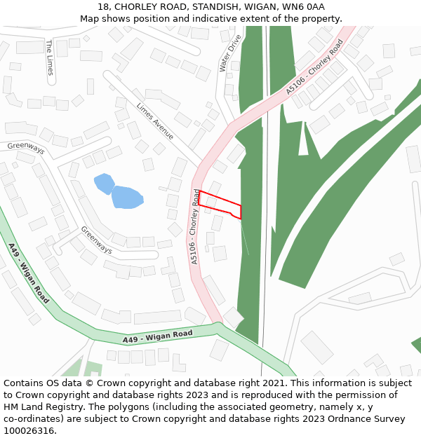 18, CHORLEY ROAD, STANDISH, WIGAN, WN6 0AA: Location map and indicative extent of plot