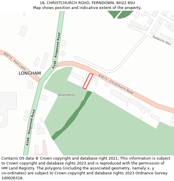 18, CHRISTCHURCH ROAD, FERNDOWN, BH22 8SU: Location map and indicative extent of plot