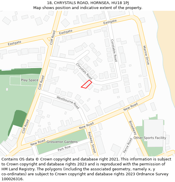 18, CHRYSTALS ROAD, HORNSEA, HU18 1PJ: Location map and indicative extent of plot