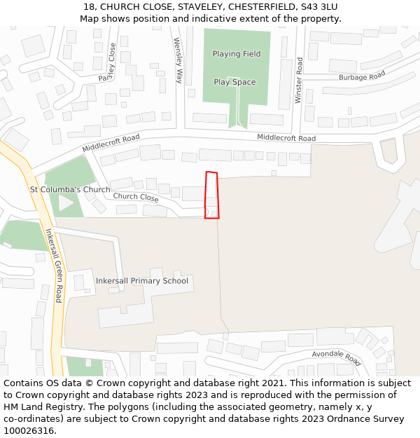 18, CHURCH CLOSE, STAVELEY, CHESTERFIELD, S43 3LU: Location map and indicative extent of plot