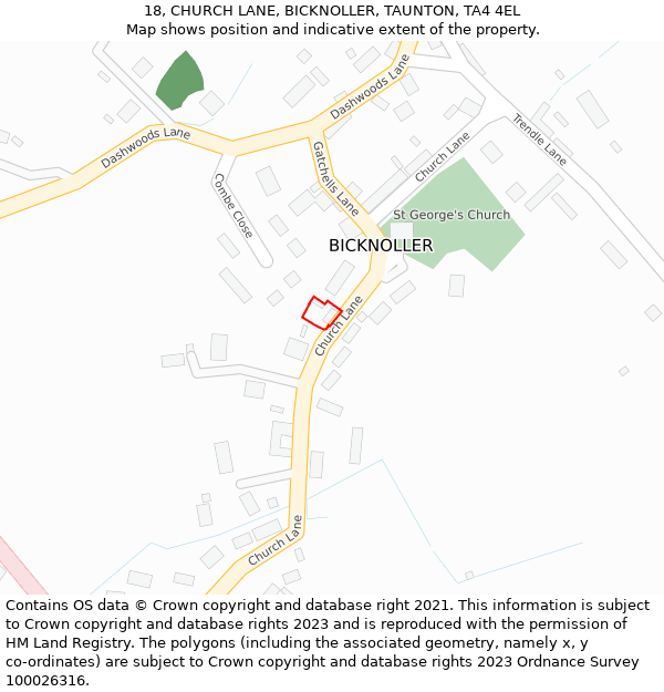 18, CHURCH LANE, BICKNOLLER, TAUNTON, TA4 4EL: Location map and indicative extent of plot