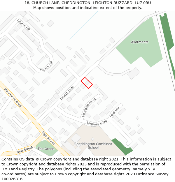 18, CHURCH LANE, CHEDDINGTON, LEIGHTON BUZZARD, LU7 0RU: Location map and indicative extent of plot