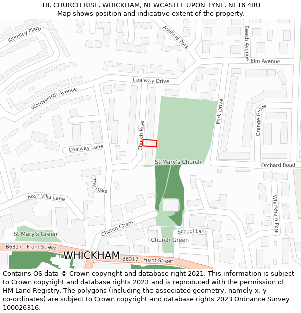 18, CHURCH RISE, WHICKHAM, NEWCASTLE UPON TYNE, NE16 4BU: Location map and indicative extent of plot