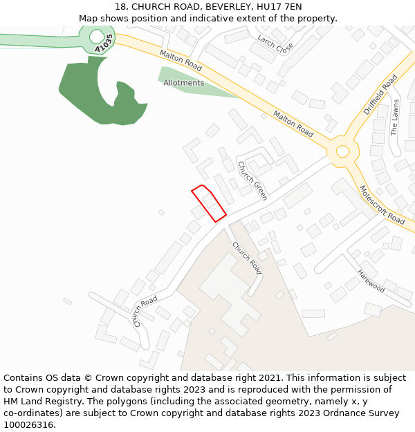 18, CHURCH ROAD, BEVERLEY, HU17 7EN: Location map and indicative extent of plot