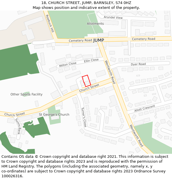 18, CHURCH STREET, JUMP, BARNSLEY, S74 0HZ: Location map and indicative extent of plot
