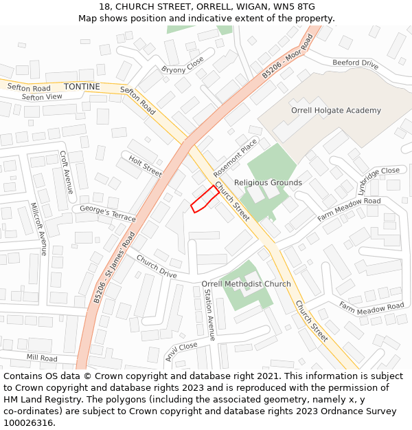 18, CHURCH STREET, ORRELL, WIGAN, WN5 8TG: Location map and indicative extent of plot