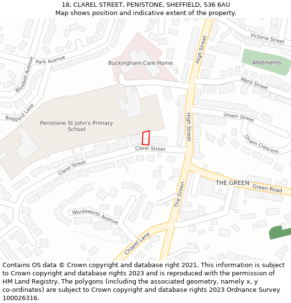 18, CLAREL STREET, PENISTONE, SHEFFIELD, S36 6AU: Location map and indicative extent of plot