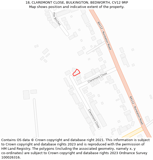 18, CLAREMONT CLOSE, BULKINGTON, BEDWORTH, CV12 9RP: Location map and indicative extent of plot