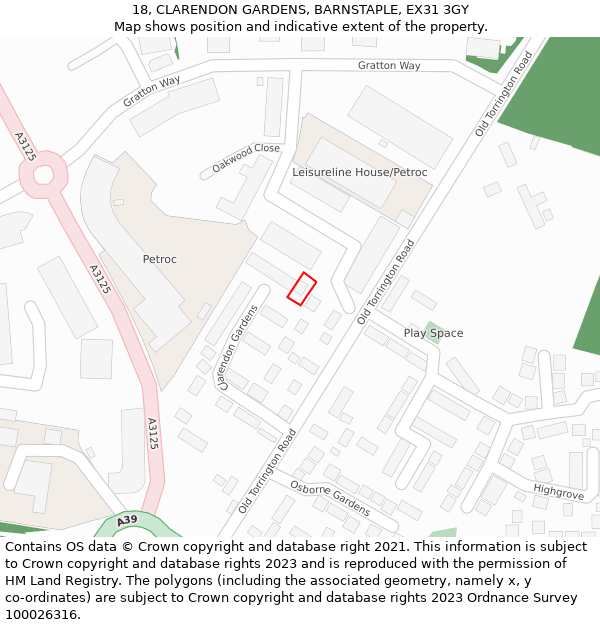 18, CLARENDON GARDENS, BARNSTAPLE, EX31 3GY: Location map and indicative extent of plot