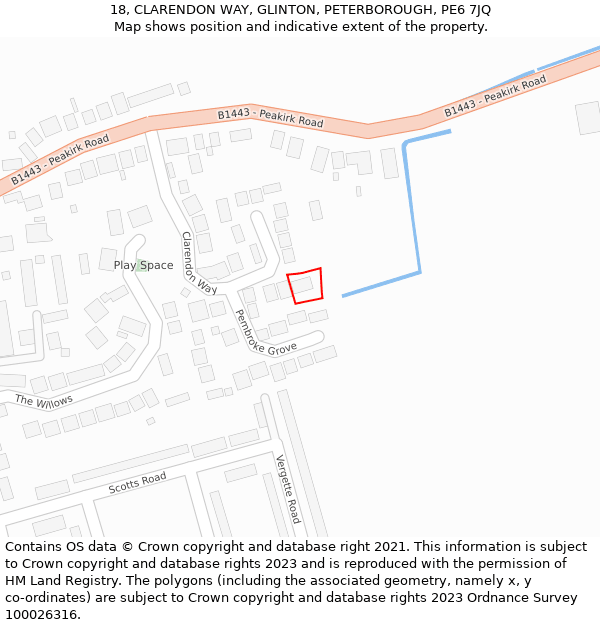18, CLARENDON WAY, GLINTON, PETERBOROUGH, PE6 7JQ: Location map and indicative extent of plot