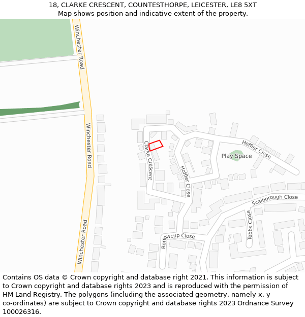 18, CLARKE CRESCENT, COUNTESTHORPE, LEICESTER, LE8 5XT: Location map and indicative extent of plot