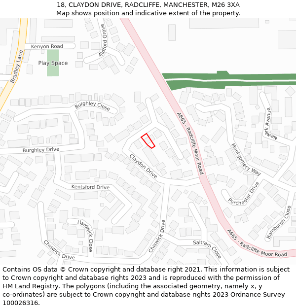 18, CLAYDON DRIVE, RADCLIFFE, MANCHESTER, M26 3XA: Location map and indicative extent of plot