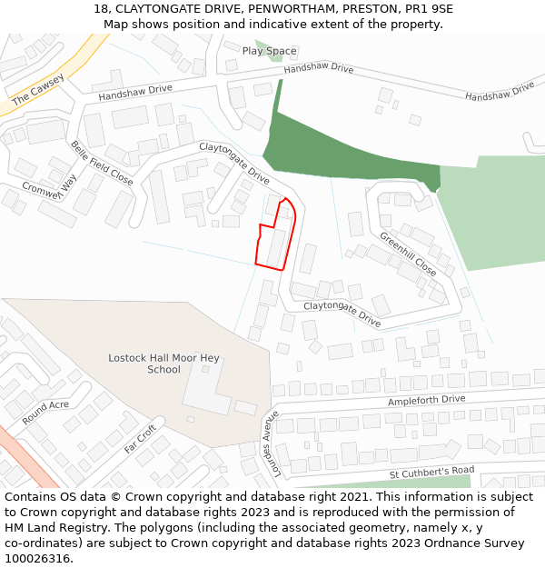 18, CLAYTONGATE DRIVE, PENWORTHAM, PRESTON, PR1 9SE: Location map and indicative extent of plot