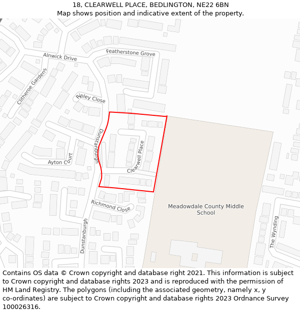 18, CLEARWELL PLACE, BEDLINGTON, NE22 6BN: Location map and indicative extent of plot