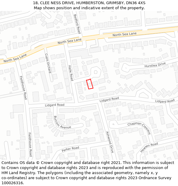 18, CLEE NESS DRIVE, HUMBERSTON, GRIMSBY, DN36 4XS: Location map and indicative extent of plot