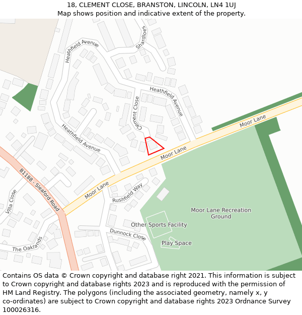 18, CLEMENT CLOSE, BRANSTON, LINCOLN, LN4 1UJ: Location map and indicative extent of plot