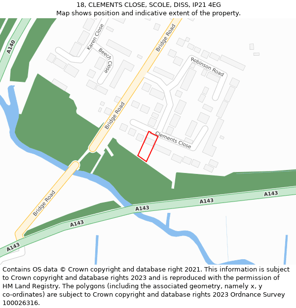 18, CLEMENTS CLOSE, SCOLE, DISS, IP21 4EG: Location map and indicative extent of plot