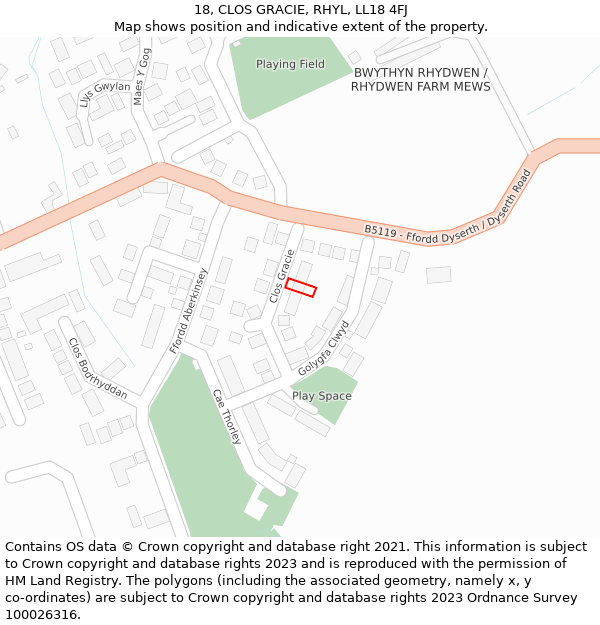 18, CLOS GRACIE, RHYL, LL18 4FJ: Location map and indicative extent of plot