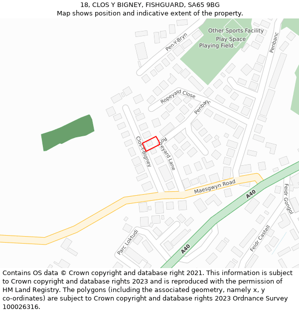 18, CLOS Y BIGNEY, FISHGUARD, SA65 9BG: Location map and indicative extent of plot